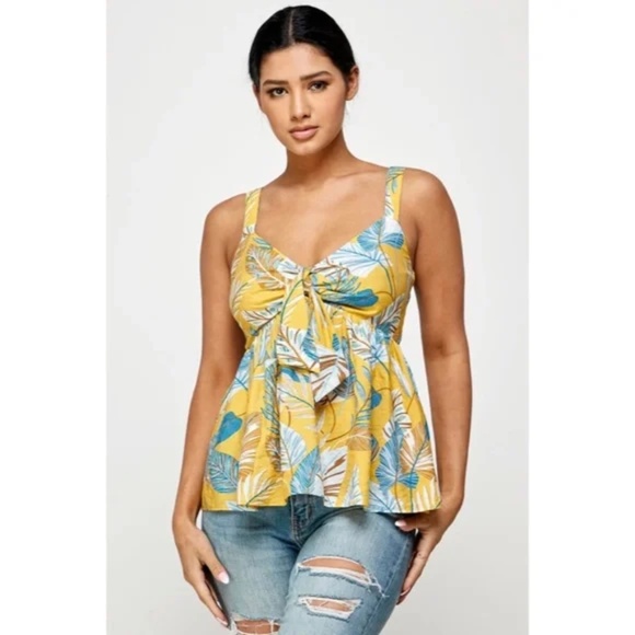 Honey Yellow Blue Tropical Floral Knotted Cami Babydoll Summer Vacation Tank Top - Picture 2 of 6